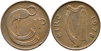 ИРЛАНДИЯ 1 ПЕННИ 1978 ПТИЧКА KM 20а сталь плакированная медью 28-823