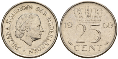 Нидерланды 25 центов 1968 Юлиана (1949-1980) KM 183 никель    4598-428
