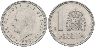 Испания 1 песета 1982 M, Хуан Карлос I (1975-2014) KM 821 алюминий 4391-224