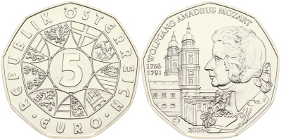 Австрия 5 евро 2006 250 лет со дня рождения Вольфганга Амадея Моцарта, Зальцбургский кафедральный собор KM 3131 серебро UNC 01-080-14