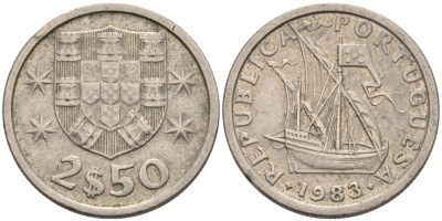 Португалия 2,5 эскудо 1983 парусник KM 590 медно-никель 4567-464