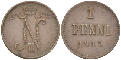 РОССИЯ ДЛЯ ФИНЛЯНДИИ 1 ПЕННИ 1915 НИКОЛАЙ II KM 13, Биткин 475 медь 4396-1433