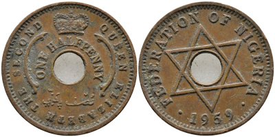 Нигерия 1/2 пенни 1959 Елизавета II (1952-), Британский протекторат KM 1 бронза 4387-359