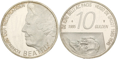 Нидерланды 10 гульденов 1995 300 лет со дня смерти Хьюго Грута, королева Беатрикс KM 220 серебро 1517-431