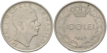Румыния 100 леев 1943 Михай I (1940-1947) KM 64 сталь плакированная никелем 94-1136