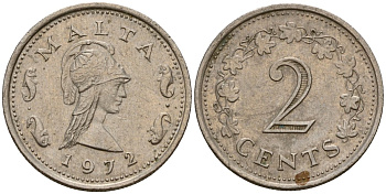 Мальта 2 цента 1972 Пентесилея, царица амазонок KM 9 медь цинк 4154-652