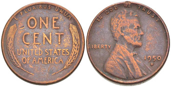 США 1 ЦЕНТ 1950 D, ЛИНКОЛЬН KM А132 медь цинк 3309-555
