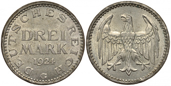 Германия 3 марки 1924 G, Веймарская Республика, цена по каталогу MT 400 евро J. 312, KM 43 серебро  UNC  00-803-53