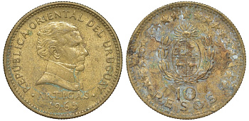 Уругвай 10 песо 1965 KM 48 алюминиевая бронза 88-545