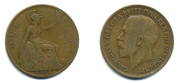 Великобритания 1 пенни 1916 Георг V (1910-1936) КМ 810, Spink 4051 бронза 41-115