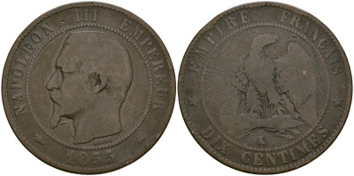 Франция 10 сантимов 1855 K - Бордо, Наполеон III (1852 - 1870) KM 771 бронза 4168-536