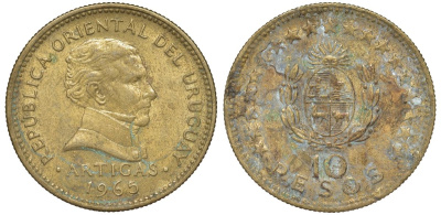 Уругвай 10 песо 1965 KM 48 алюминиевая бронза 88-545