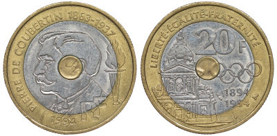 Франция 20 франков 1994 100 лет международному Олимпийскому комитету, Пьер Кубертен KM 1036, Le Franc 405.2 триметалл 91-542