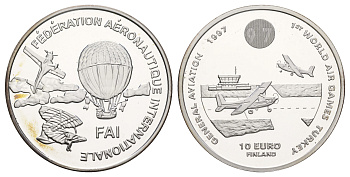 Финляндия 10 евро 1996 Первые Всемирные Воздушные Игры - Авиация Общего Назначения X 47 серебро PROOF 443-1245