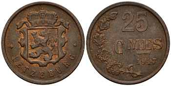 Люксембург 25 сантимов 1947 Шарлотта (1918-1964) KM 45 бронза 4532-647