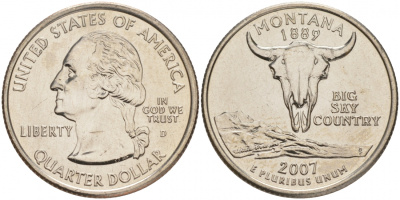 США 25 центов (квотер) 2007 D, серия штаты США, Монтана KM 396 медь плакированная медно-никелем UNC M25-14
