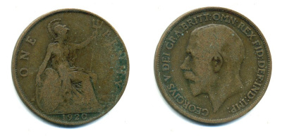 Великобритания 1 пенни 1920 Георг V (1910-1936) KM 810, Spink 4051 бронза 41-431