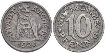 Германия, Ахен 10 пфеннигов 1920 нотгельд, земля Северный Рейн-Вестфалия Funck 1.1 железо 175-151