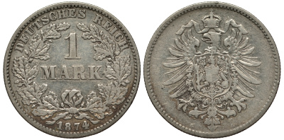 Германия 1 марка 1874 G Weege 17, J. 9, KM 7 серебро 413-1324
