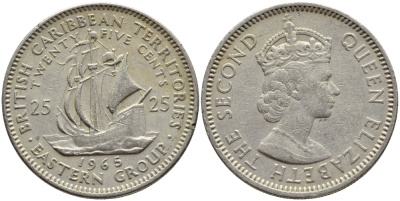 Британские Восточно-Карибские территории 25 центов 1965 Елизавета II (1952-2022), парусник KM 6 медно-никель 83-1746
