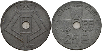 Бельгия 25 сантимов 1942 Belgique - Belgie, Леопольд III (1934-1947), германская оккупация, Вторая мировая война KM 131 цинк 4157-441