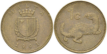 Мальта 1 цент 1991 ласка, горностай KM 93 никель латунь 4585-1157