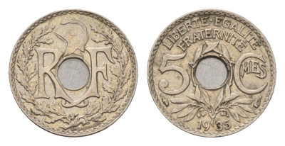 Франция 5 сантимов 1935 KM 875 медно-никель 4651-855