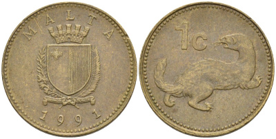 Мальта 1 цент 1991 ласка, горностай KM 93 никель латунь 4585-1157