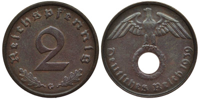 ГЕРМАНИЯ 2 РЕЙХСПФЕННИГА 1939 G KM 90, Jager 362 бронза 4546-923