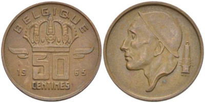 БЕЛЬГИЯ 50 САНТИМОВ 1965 BELGIQUE KM 148.1 бронза 96-1212