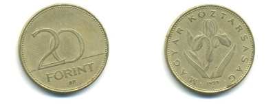 ВЕНГРИЯ 20 ФОРИНТОВ 1995 ВЕНГЕРСКИЙ ИРИС KM 696 никель латунь 56-1023