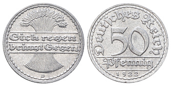 Германия 50 пфеннигов 1922 D KM 27, J. 301 алюминий aUNC 4700-1011