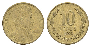 Чили 10 песо 2005 KM 228 никель латунь 4702-465