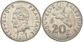 Французская Новая Каледония 20 франков 2002 три быка, (IEOM) KM 12, Schoen 14, Lec 115f никель 81-522