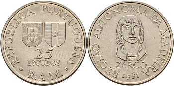 Португалия, Мадейра 25 эскудо 1981 автономная область Мадейра KM 4 медно-никель 4140-636