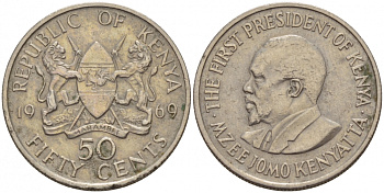 Кения 50 центов 1969 Джомо Кениата KM 13 медно-никель 4548-532