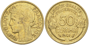 ФРАНЦИЯ 50 САНТИМОВ 1941 ТИП MORLON KM 894.1, LE FRANC 192.18 алюминиевая бронза 44-458