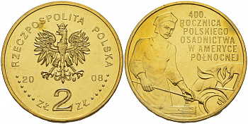 Польша 2 злотых 2008 400 лет первой волны эмиграции поляков в США, стеклодувы KM 659 латунь UNC M7-03