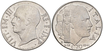 ИТАЛИЯ 20 ЧЕНТЕЗИМО 1941 R, ГОД XIX, ВИКТОР ЭММАНУИЛ III (1900-1946) KM 75b, VEM3. 1028 нержавеющая сталь 3853-823