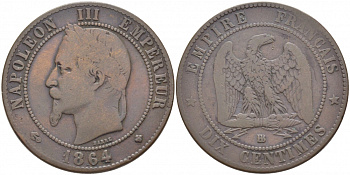ФРАНЦИЯ 10 САНТИМОВ 1864 BB, НАПОЛЕОН III (1852-1870) KM 798.2, LA FRANC 134.12 бронза 114-1216