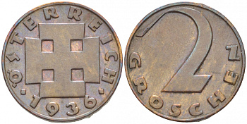 АВСТРИЯ 2 ГРОША 1936 KM 2837 бронза 3309-944