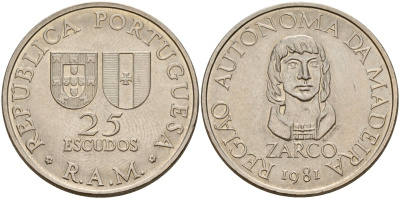 Португалия, Мадейра 25 эскудо 1981 Жуан Гонсалвиш Зарку KM 4 медно-никель 4140-636