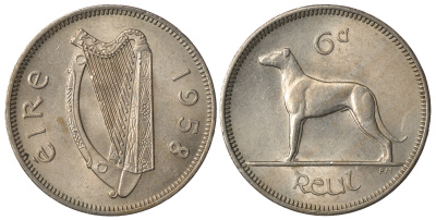 ИРЛАНДИЯ 6 ПЕНСОВ 1958 ИРЛАНДСКИЙ ВОЛКОДАВ KM 13a медно-никель XF 3334-141