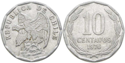 Чили 10 сентаво 1976 KM 205a алюминий 4402-346