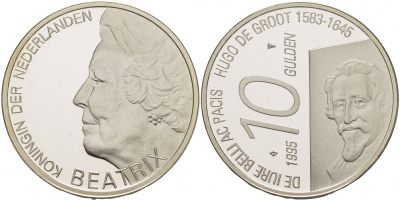 Нидерланды 10 гульденов 1995 300 лет со дня смерти Хьюго Грута, королева Беатрикс KM 220 серебро PROOF 1081-5-44