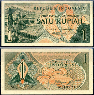 Индонезия 1 рупия 1961 урожай риса, серия MJJ072 Pick 78 бумага aUNC 7554-16-3-2