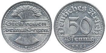 Германия 50 пфеннигов 1920 D KM 27, J. 301, Weege 10 алюминий 4119-524