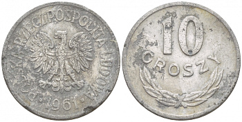 ПОЛЬША 10 ГРОШЕЙ 1961 MW KM АА47 алюминий 4549-257