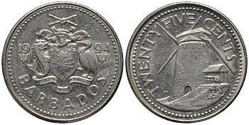 Барбадос 25 центов 1994 ветряная мельница Моргана Льюиса KM 13 медно-никель 4577-1152