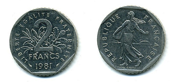 ФРАНЦИЯ 2 ФРАНКА 1981 СЕЯТЕЛЬ KM 942.1, LE FRANC 272.5 никель 25-2431